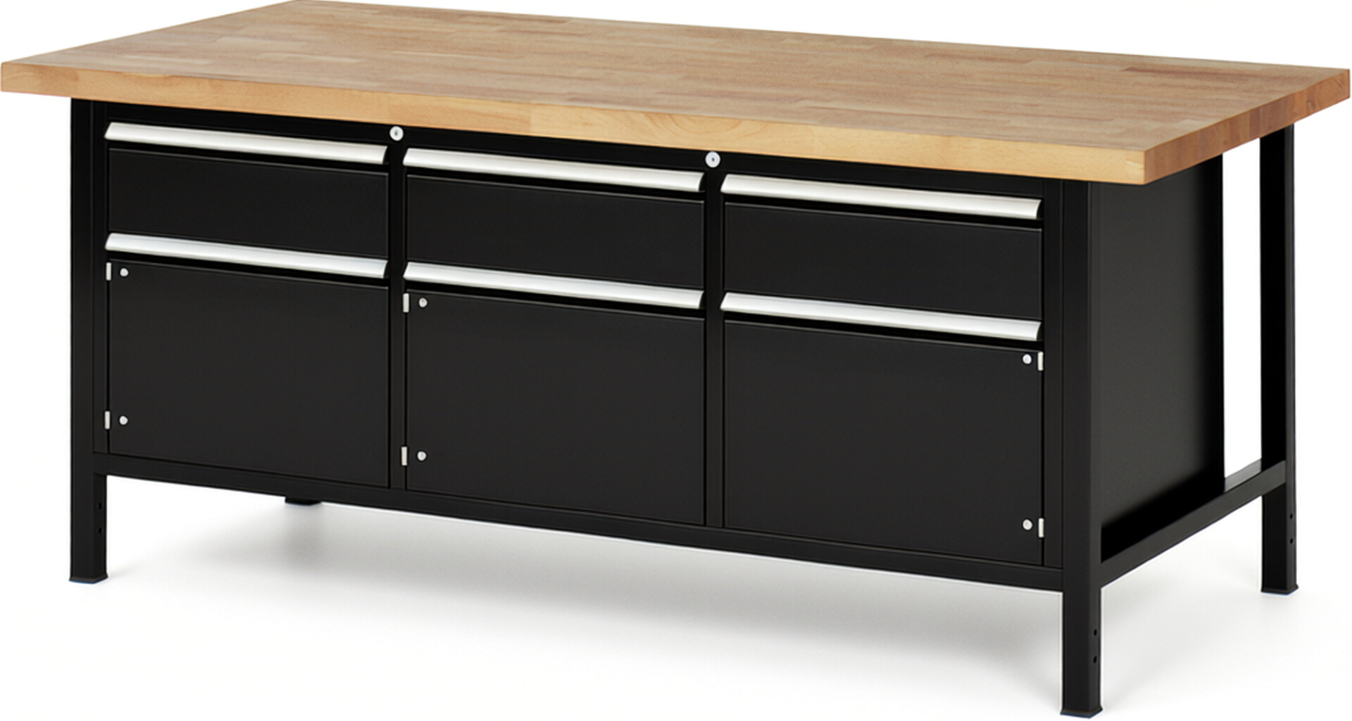Werkbank Modell 8567 schwarz, BxTxH 2000x900x840 mm,  Buche-Massiv Arbeitsplatte 40 mm,  3 Schubladen mit  Auszug 90 %