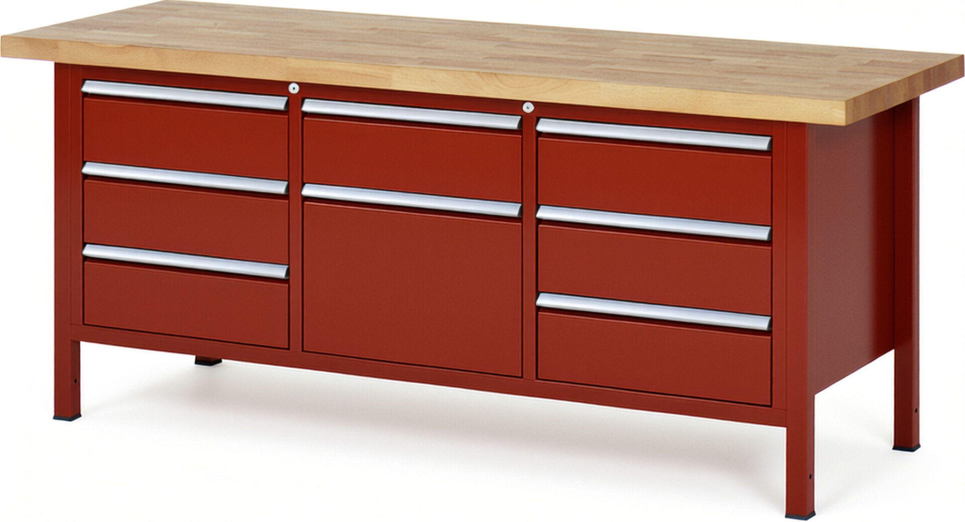 Werkbank Modell 8571 rot, BxTxH 2000x700x840 mm,  Buche-Massiv Arbeitsplatte 40 mm,  8 Schubladen mit  Auszug 90 %