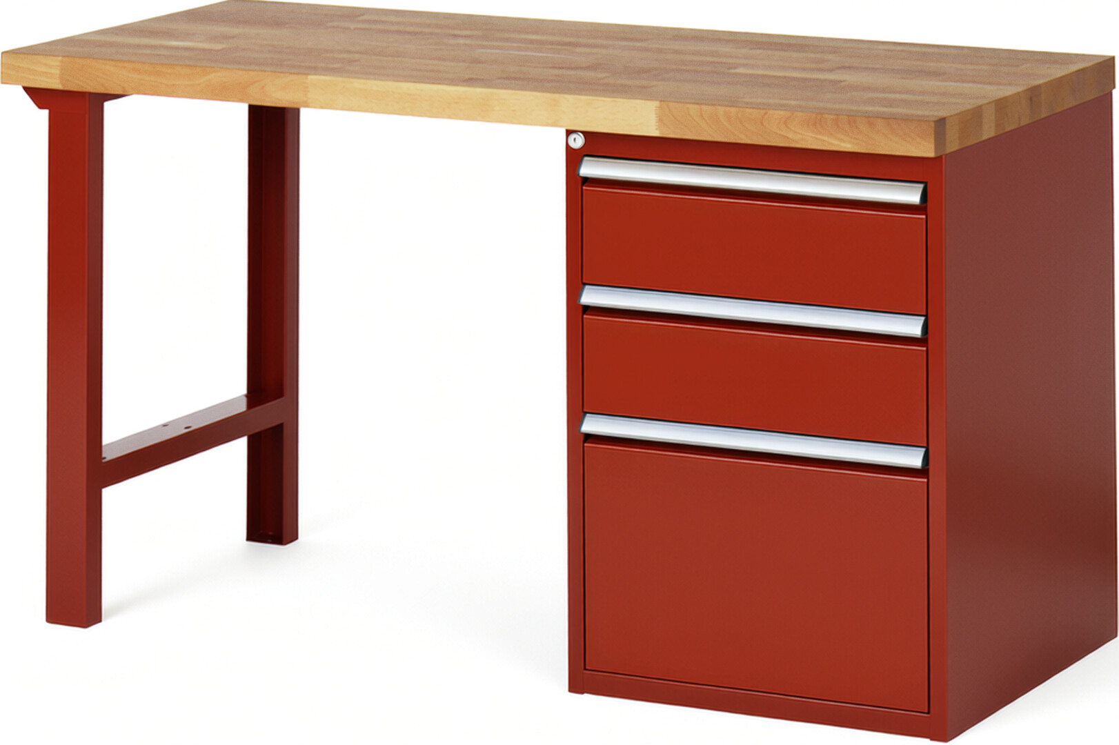 Werkbank Modell 7507 rot, BxTxH 1500x700x890 mm,  Buche-Massiv Arbeitsplatte 40 mm,  3 Schubladen mit  Auszug 90 %