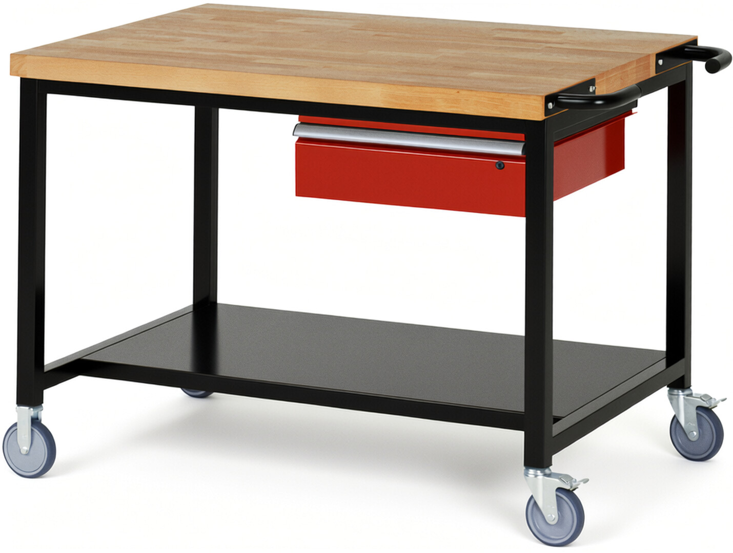 RAU Werkbank schwarz - rot - Breite 125 cm - Tiefe 90 cm - Höhe 108 cm - Buche-Massiv Arbeitsplatte 40 mm