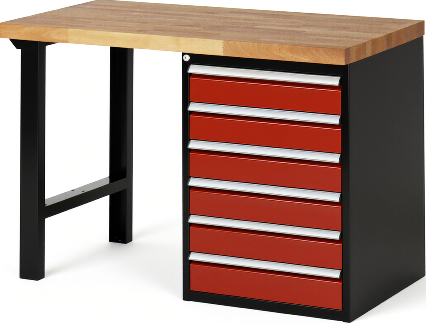 RAU Werkbank schwarz - rot - Breite 125 cm - Tiefe 70 cm - Höhe 89 cm - Buche-Massiv Arbeitsplatte 40 mm