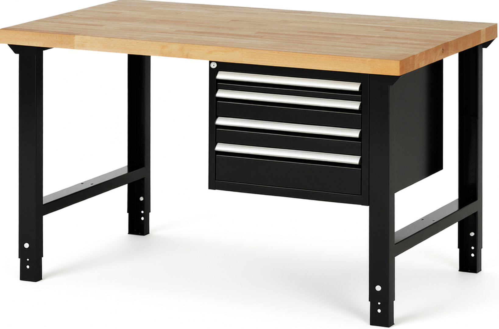 Werkbank Modell 7132 schwarz, BxTxH 1500x900x790-1140 mm,  Buche-Massiv Arbeitsplatte 40 mm,  4 Schubladen mit  Vollauszug 100 % und  SoftClosing