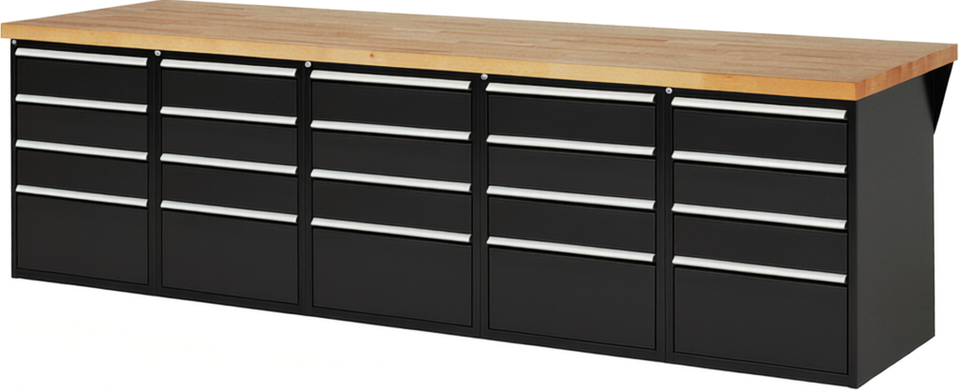 Werkbank Modell 7510 schwarz, BxTxH 3000x900x840 mm,  Buche-Massiv Arbeitsplatte 40 mm,  20 Schubladen mit  Auszug 90 %