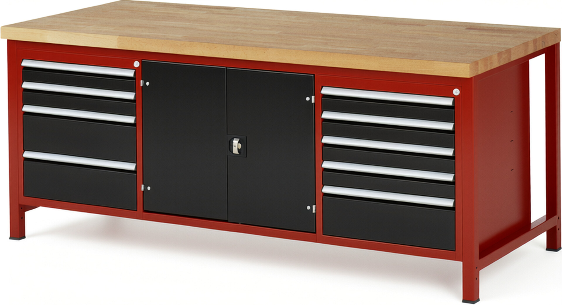 Werkbank Modell 8908 rot - schwarz, BxTxH 2000x900x840 mm,  Buche-Massiv Arbeitsplatte 40 mm,  9 Schubladen mit  Auszug 90 %