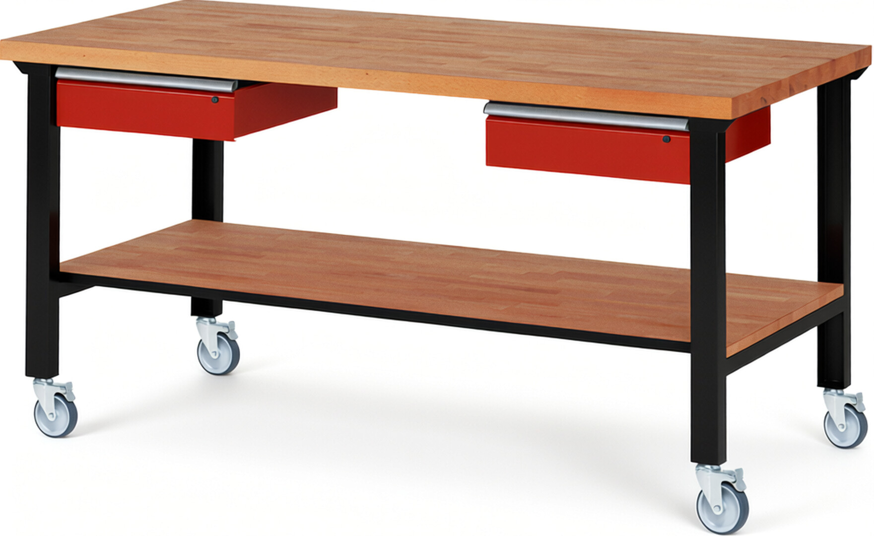 RAU Werkbank schwarz - rot - Breite 200 cm - Tiefe 90 cm - Höhe 100 cm - Buche-Massiv Arbeitsplatte 40 mm
