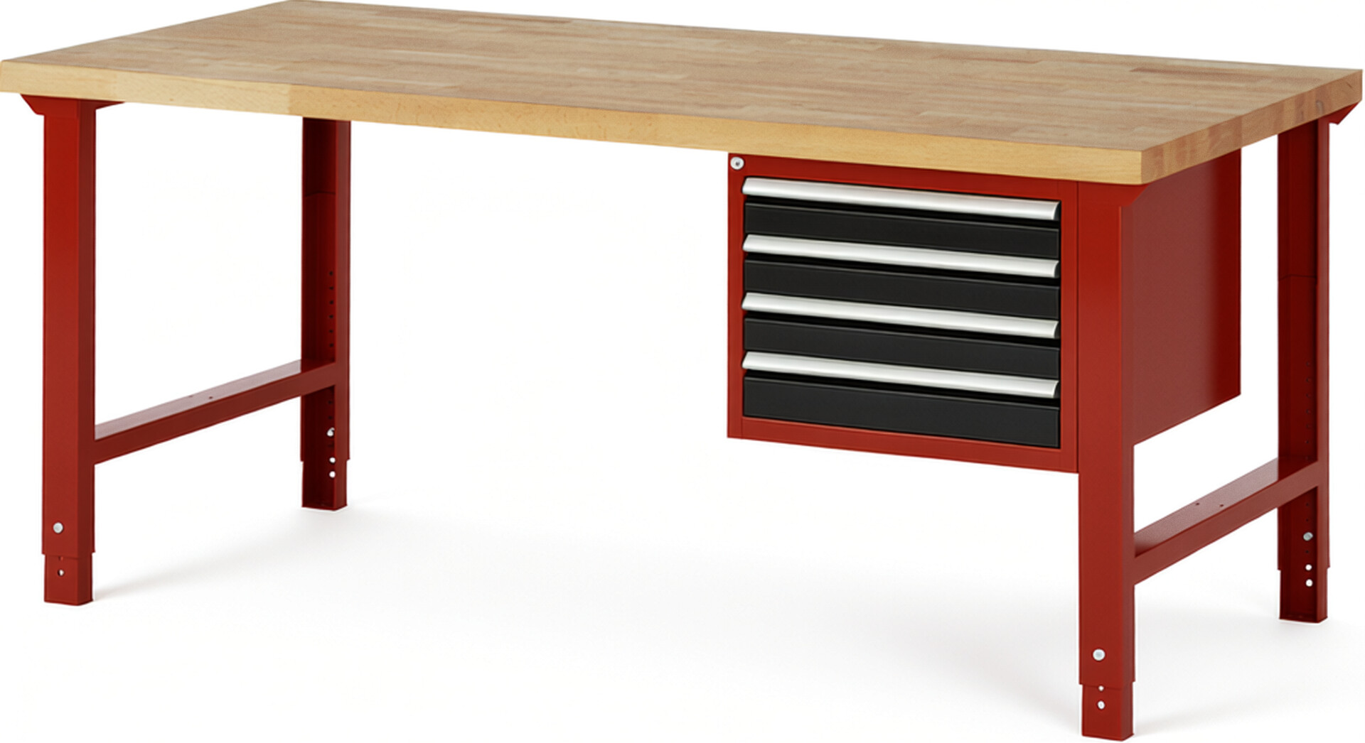 Werkbank Modell 7133 rot - schwarz, BxTxH 2000x900x790-1140 mm,  Buche-Massiv Arbeitsplatte 40 mm,  4 Schubladen mit  Vollauszug 100 % und  SoftClosing
