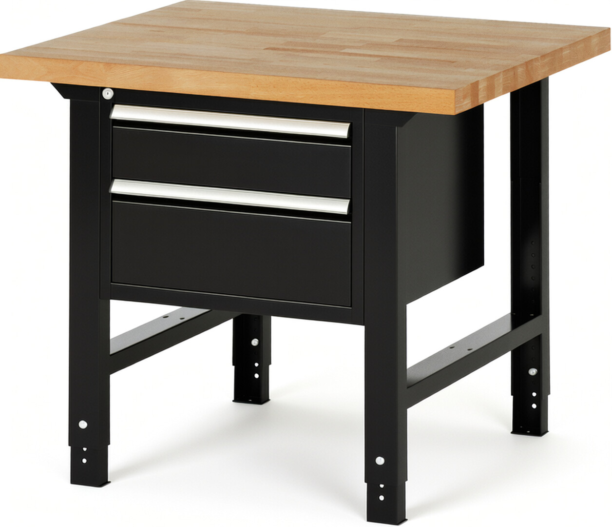 Werkbank Modell 7123 schwarz, BxTxH 1000x900x790-1140 mm,  Buche-Massiv Arbeitsplatte 40 mm,  2 Schubladen mit  Auszug 90 %