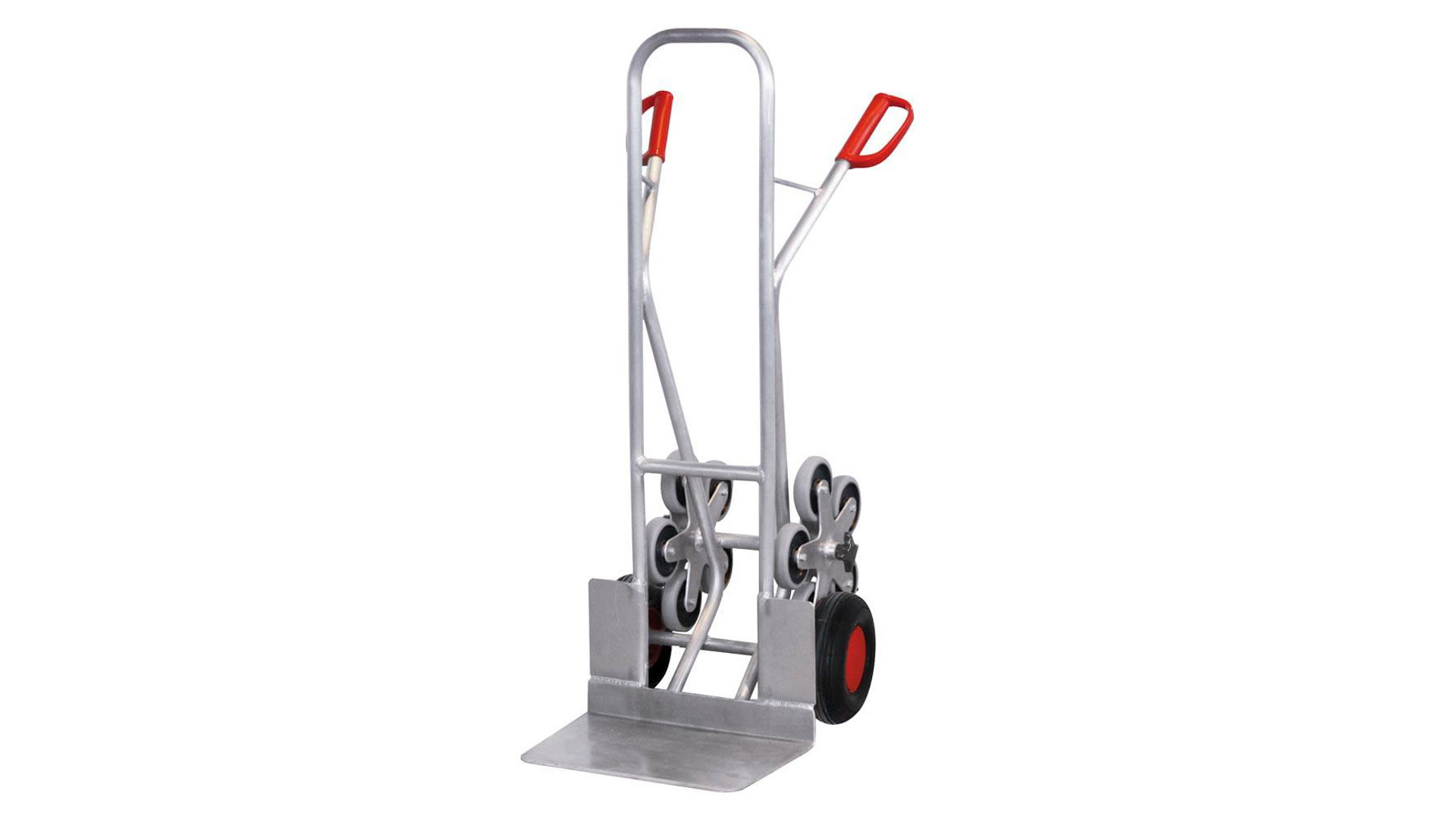 Sackkarre, Alu-Treppenkarre, Schaufel-BxT 480x300 mm, BxTxH 570x580x1310 mm, Traglast 200 kg, Luftbereifung + 2 fünfarmige Radsterne Vollgummibereifung