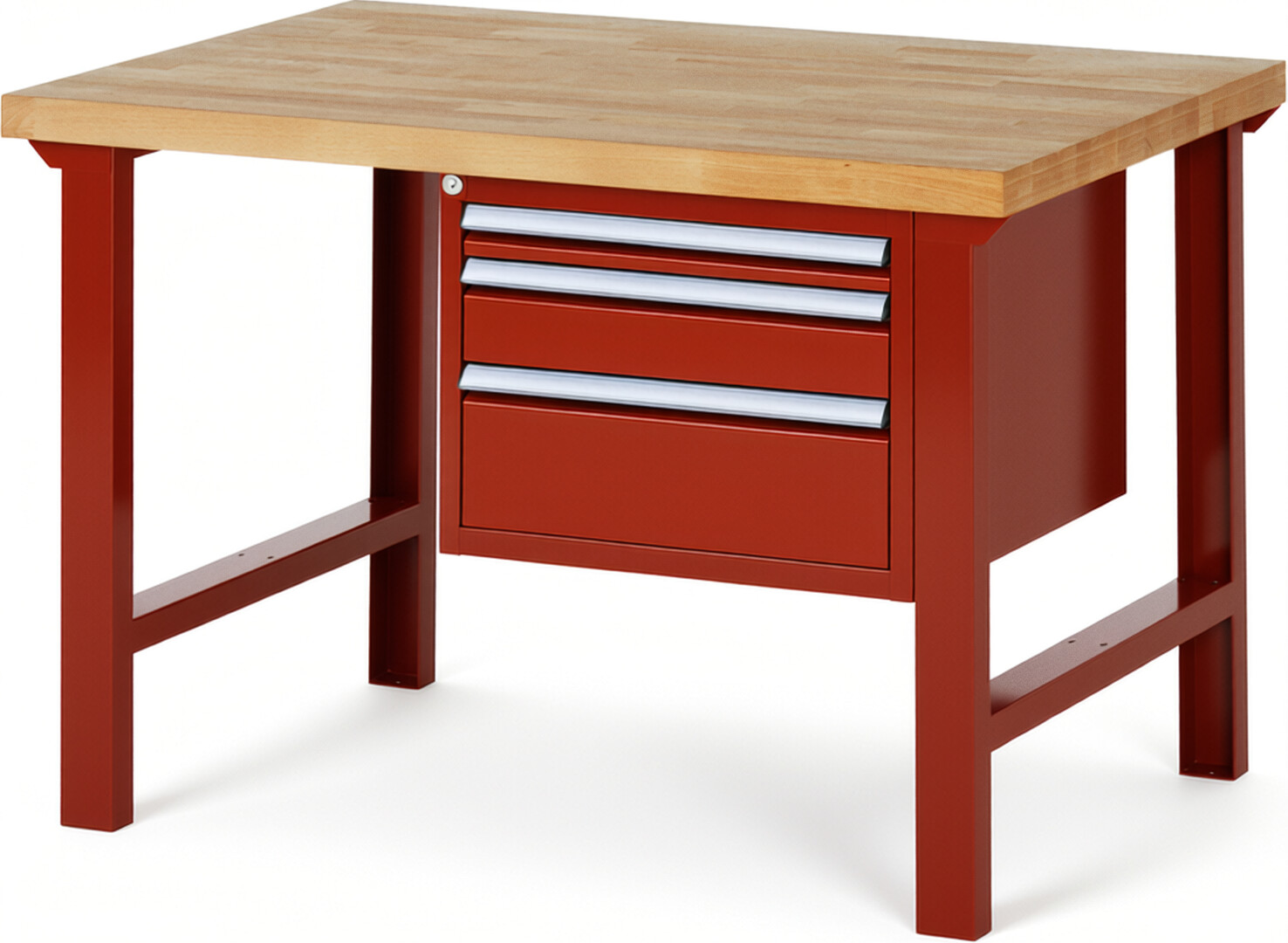 Werkbank Modell 7126 rot, BxTxH 1250x900x840 mm,  Buche-Massiv Arbeitsplatte 40 mm,  3 Schubladen mit  Vollauszug 100 % und  SoftClosing