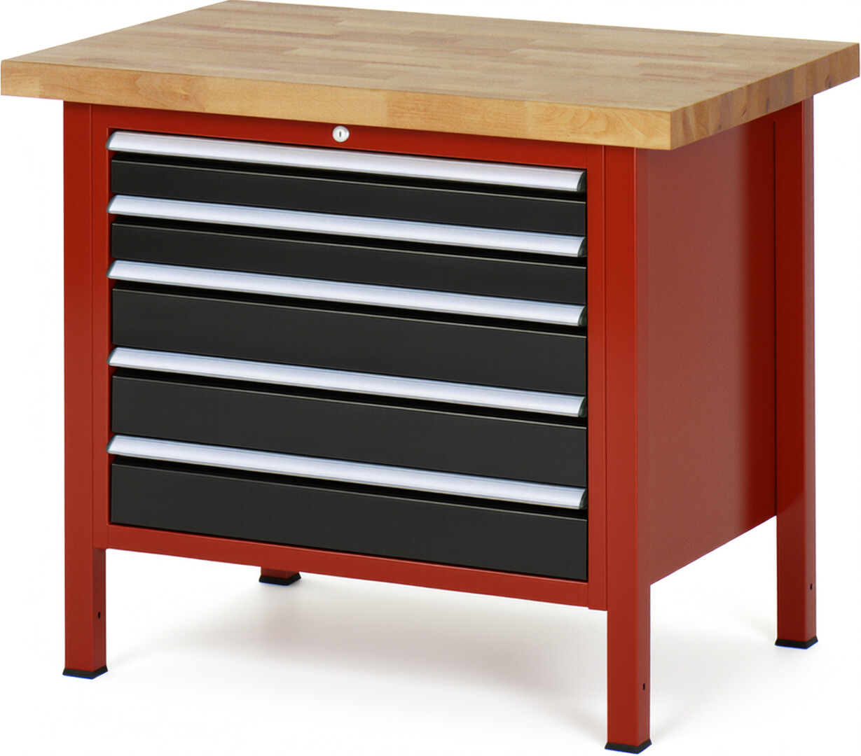 Werkbank Modell 8271 rot - schwarz, BxTxH 1000x700x840-1040 mm,  Buche-Massiv Arbeitsplatte 40 mm,  5 Schubladen mit  Vollauszug 100 % und  SoftClosing