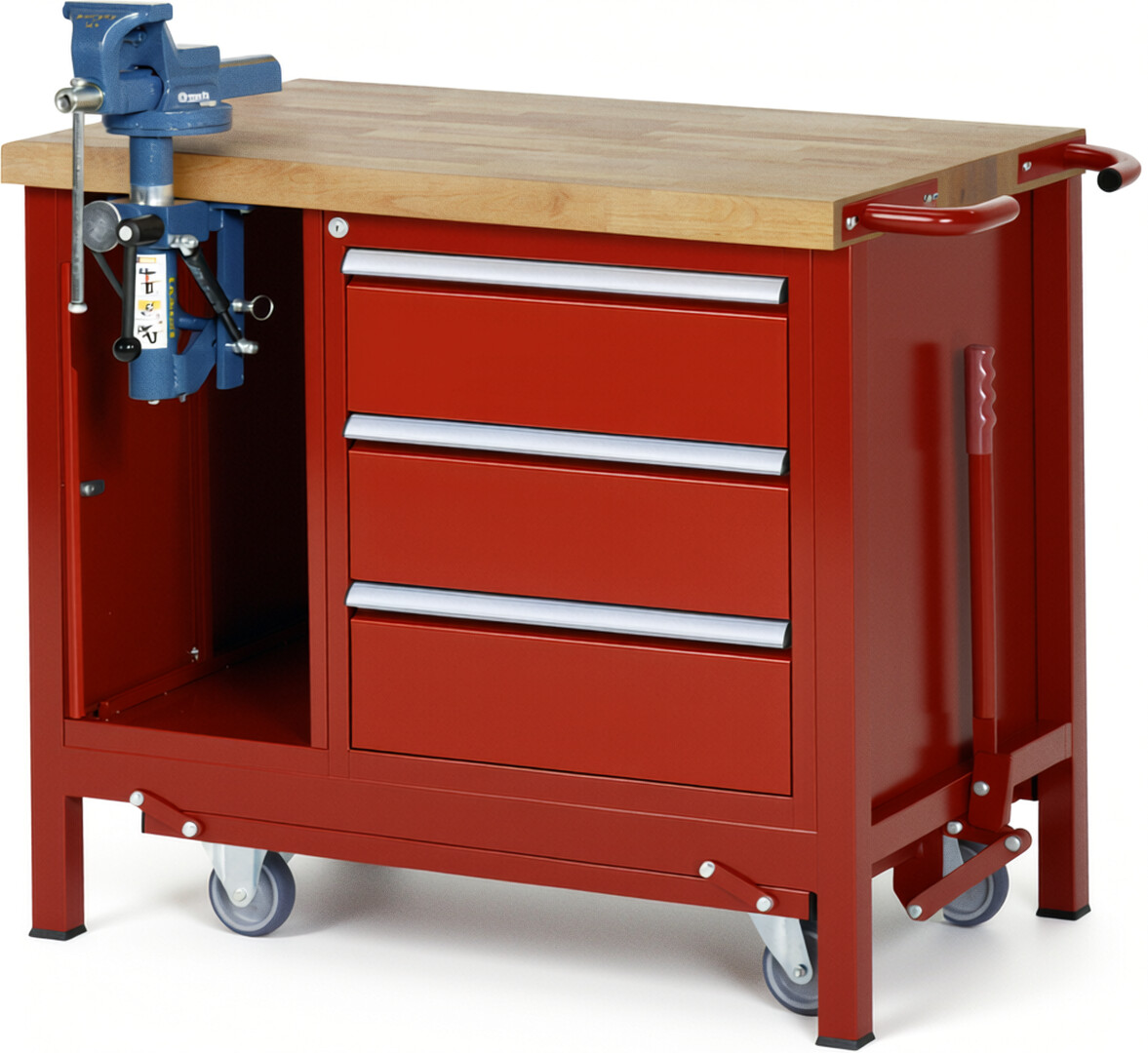 Absenkbare Werkbank Modell 8183 rot, BxTxH 1000x700x880 mm,  Buche-Massiv Arbeitsplatte 40 mm,  3 Schubladen mit  Auszug 90 %