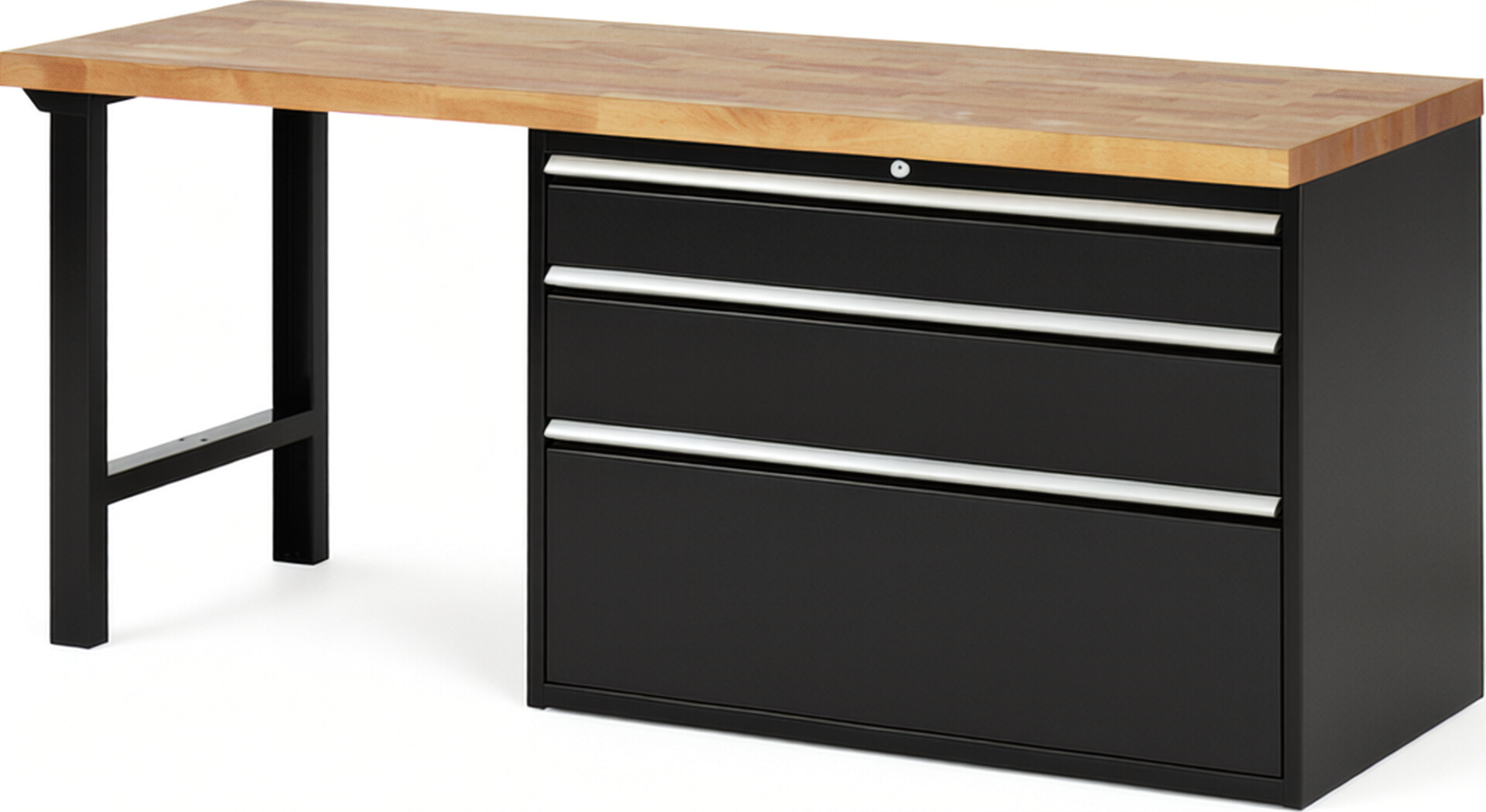 Werkbank Modell 7708 schwarz, BxTxH 2000x700x890 mm,  Buche-Massiv Arbeitsplatte 40 mm,  3 Schubladen mit  Auszug 90 %