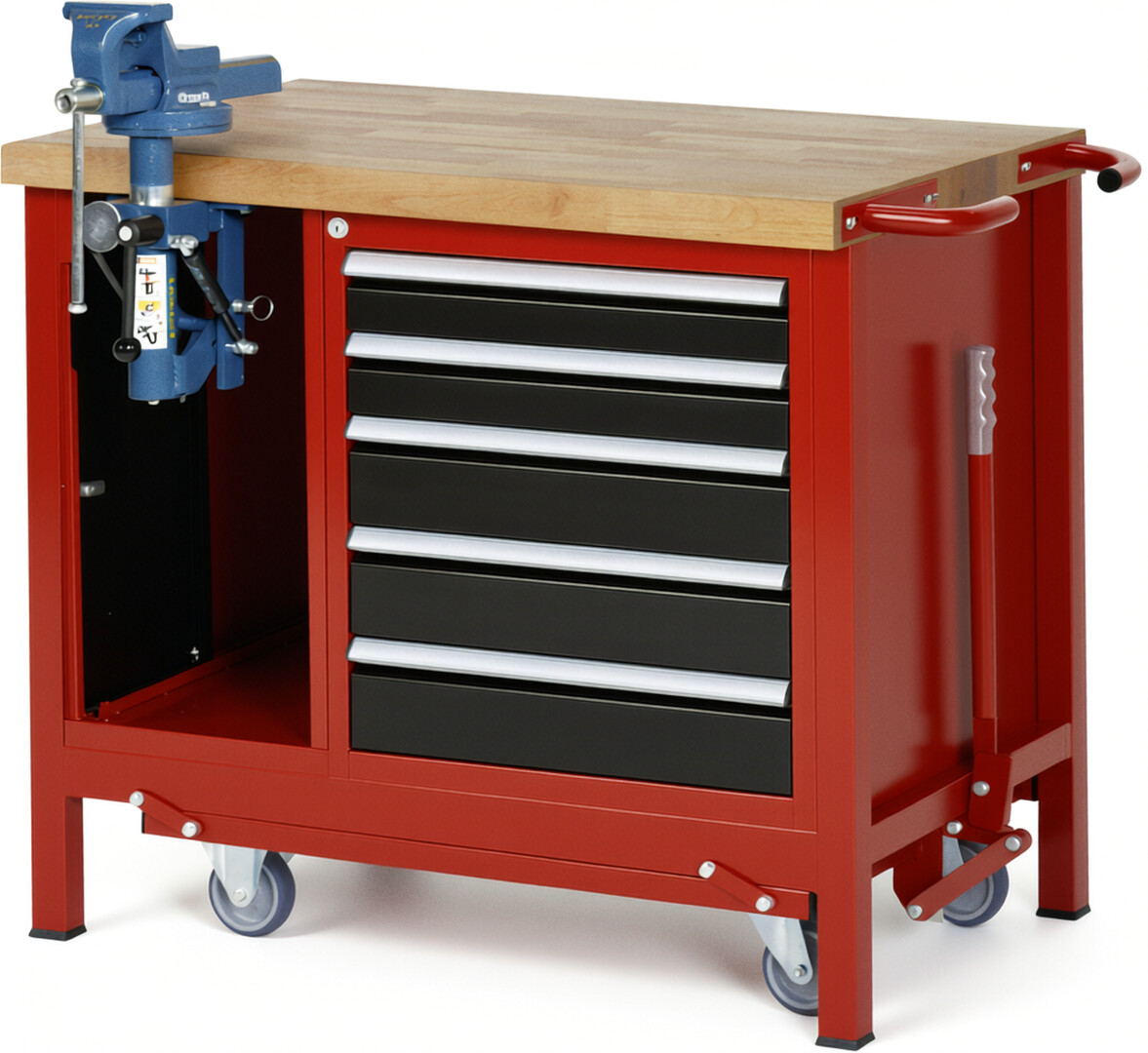 Absenkbare Werkbank Modell 8187 rot - schwarz, BxTxH 1000x700x880 mm,  Buche-Massiv Arbeitsplatte 40 mm,  5 Schubladen mit  Auszug 90 %