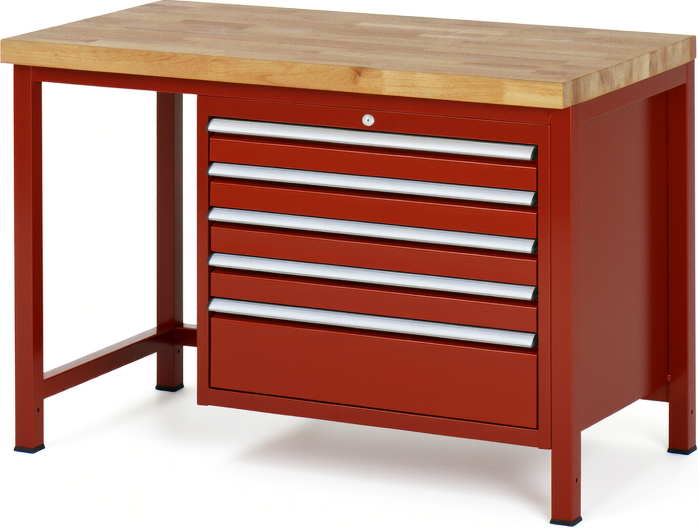 Werkbank Modell 8268 rot, BxTxH 1250x700x840 mm,  Buche-Massiv Arbeitsplatte 40 mm,  5 Schubladen mit  Auszug 90 %