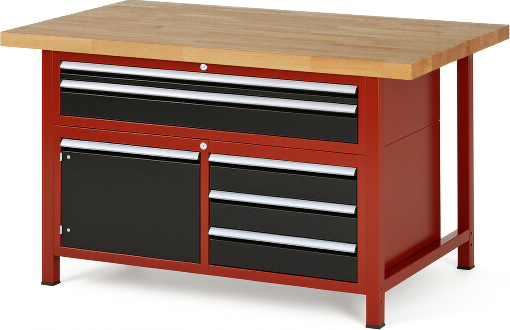 Werkbank Modell 8922 rot - schwarz, BxTxH 1500x900x840-1040 mm,  Buche-Massiv Arbeitsplatte 40 mm,  5 Schubladen mit  Auszug 90 %