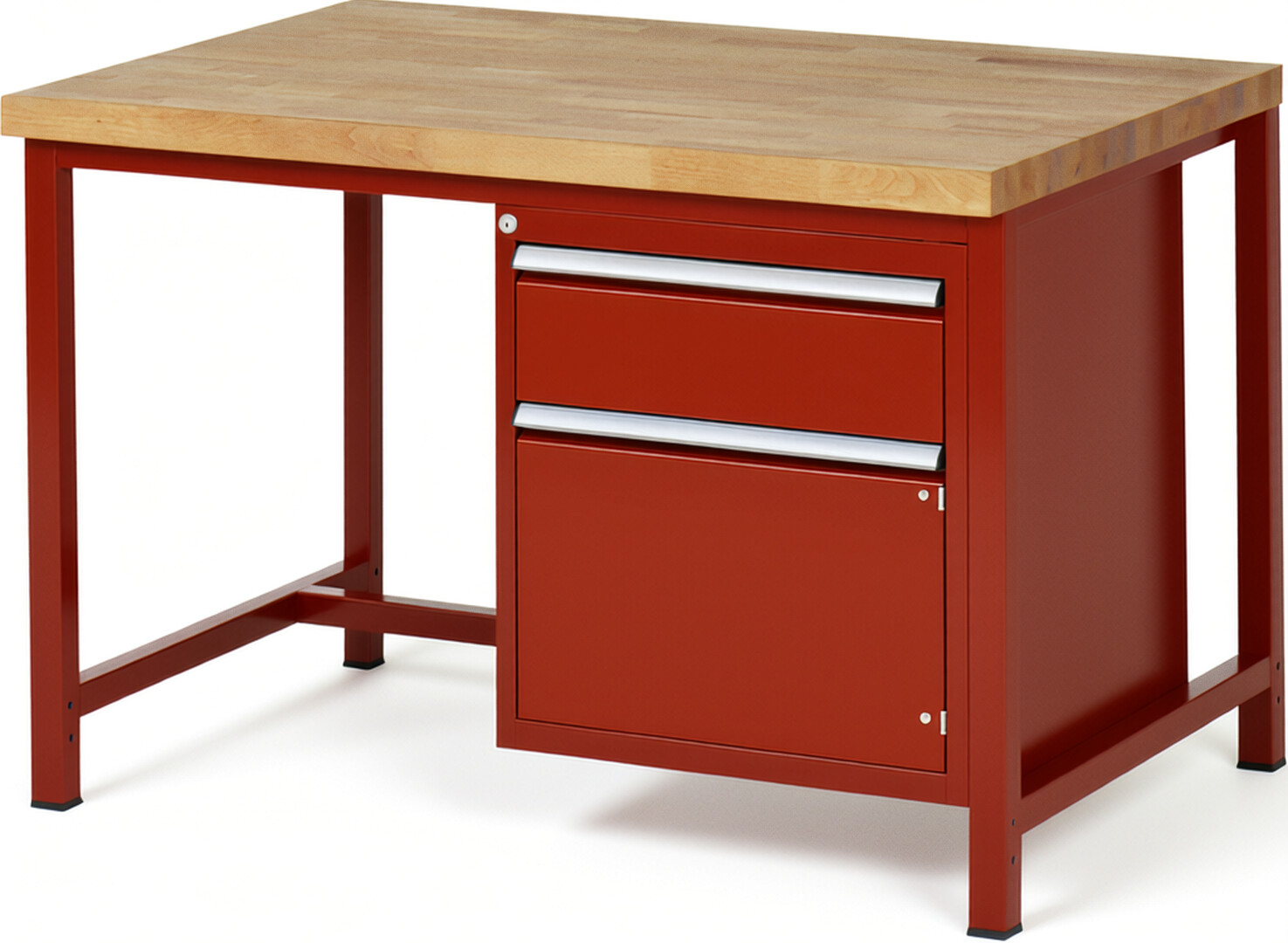 Werkbank Modell 8152 rot, BxTxH 1250x900x840-1040 mm,  Buche-Massiv Arbeitsplatte 40 mm,  1 Schublade mit  Vollauszug 100 % und  SoftClosing