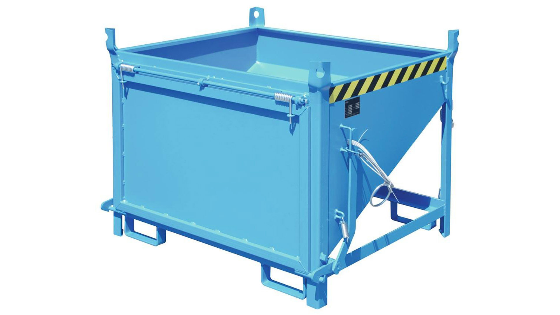 Silobehälter aus Stahl - Volumen 500 l, Traglast 750 kg - Farbe lichtblau, stirnseitige Klappe, Einfahrtaschen für Gabelstapler