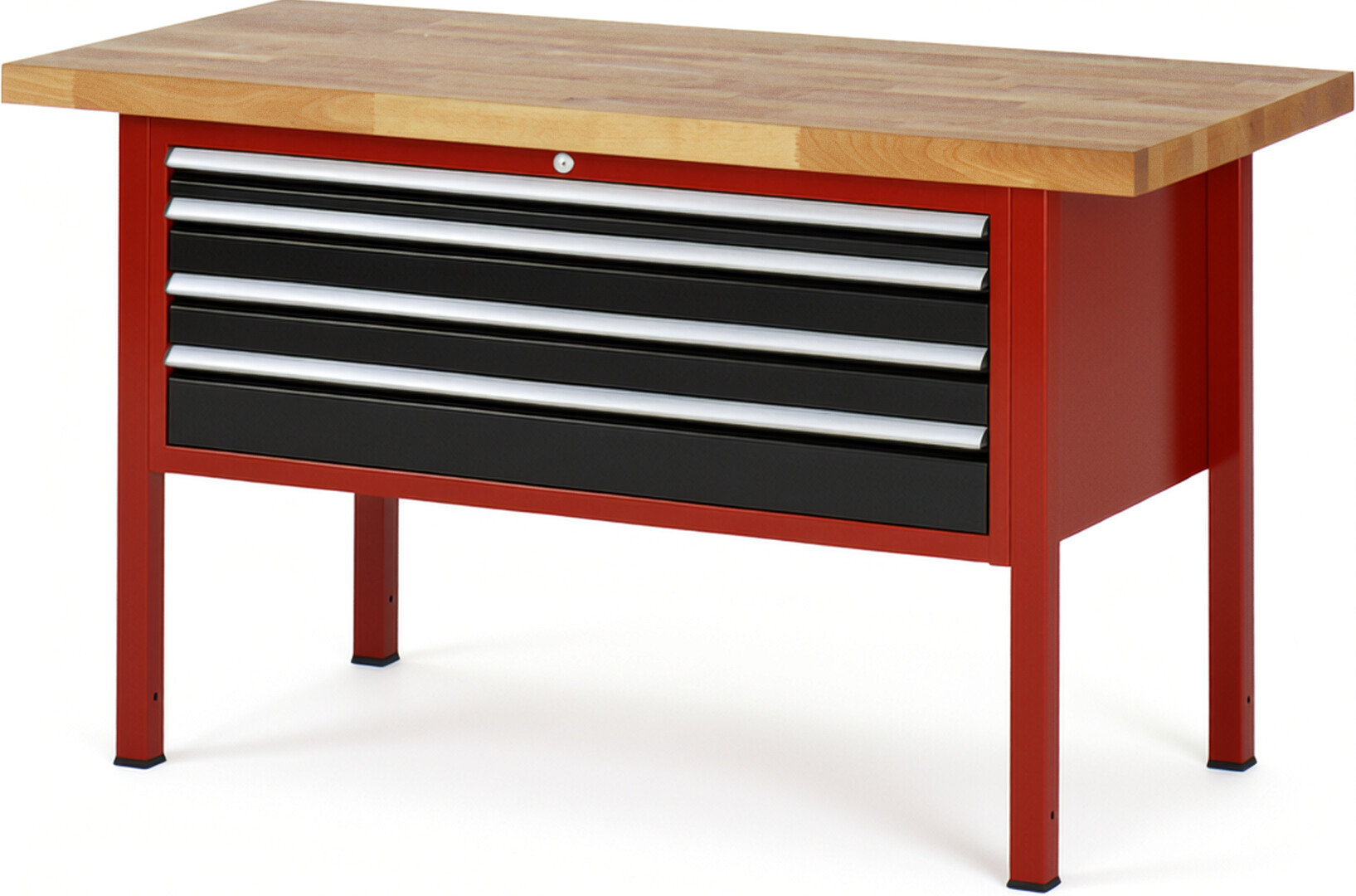 Werkbank Modell 8332 rot - schwarz, BxTxH 1500x700x840 mm,  Buche-Massiv Arbeitsplatte 40 mm,  4 Schubladen mit  Vollauszug 100 % und  SoftClosing