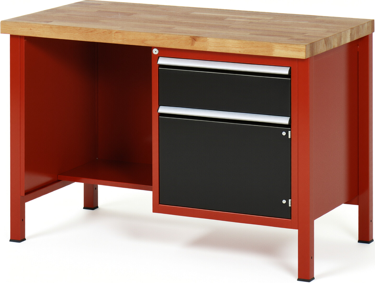 Werkbank Modell 8455 rot - schwarz, BxTxH 1250x700x840-1040 mm,  Buche-Massiv Arbeitsplatte 40 mm,  1 Schublade mit  Auszug 90 %