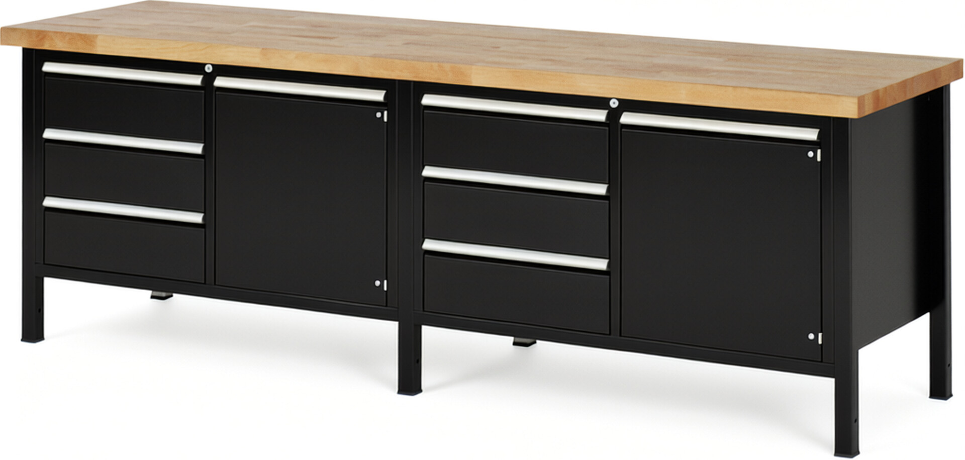 Werkbank Modell 8468 schwarz, BxTxH 2500x700x840 mm,  Buche-Massiv Arbeitsplatte 40 mm,  6 Schubladen mit  Auszug 90 %
