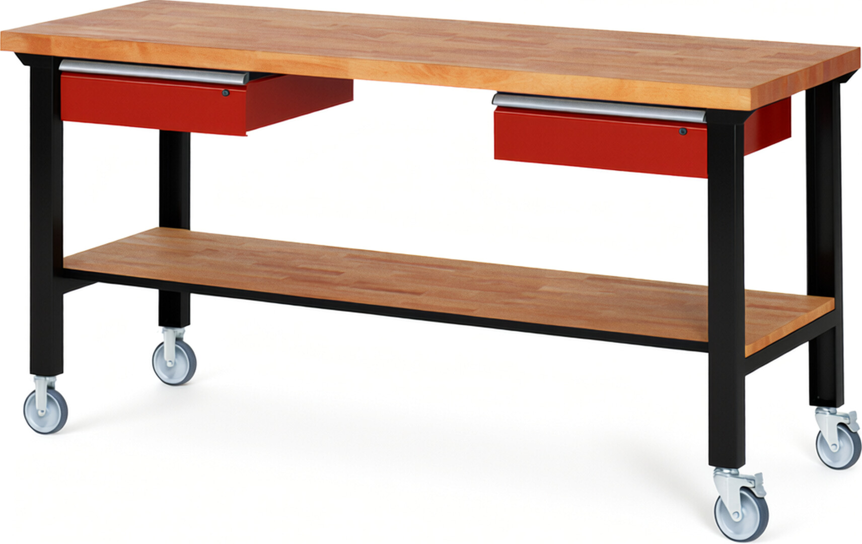 RAU Werkbank schwarz - rot - Breite 200 cm - Tiefe 70 cm - Höhe 100 cm - Buche-Massiv Arbeitsplatte 40 mm