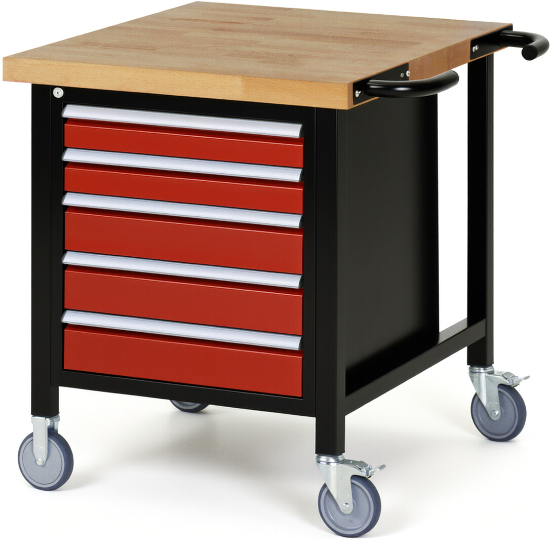 RAU Werkbank schwarz - rot - Breite 75 cm - Tiefe 90 cm - Höhe 108 cm - Buche-Massiv Arbeitsplatte 40 mm