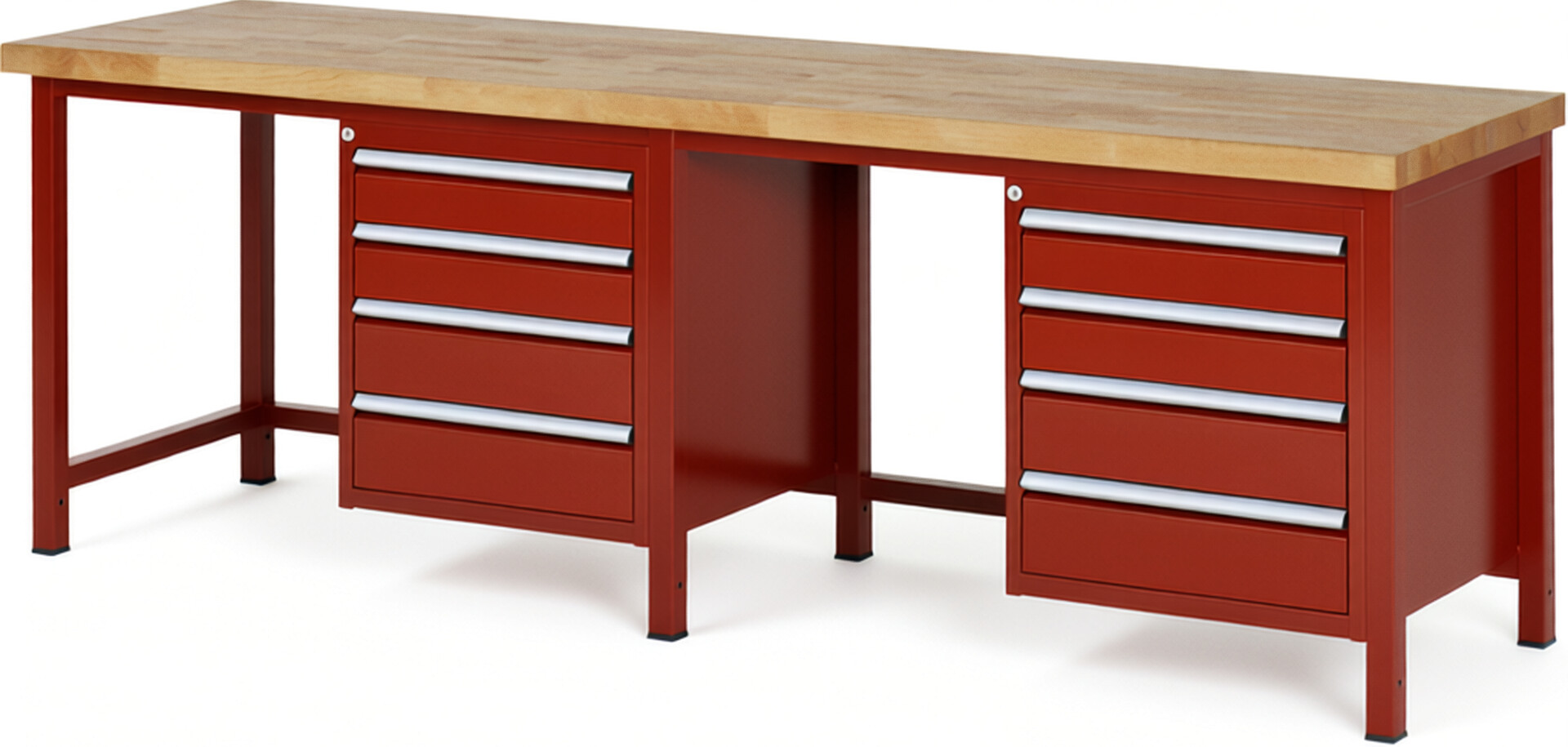 Werkbank Modell 8162 rot, BxTxH 2500x700x840-1040 mm,  Buche-Massiv Arbeitsplatte 40 mm,  8 Schubladen mit  Auszug 90 %