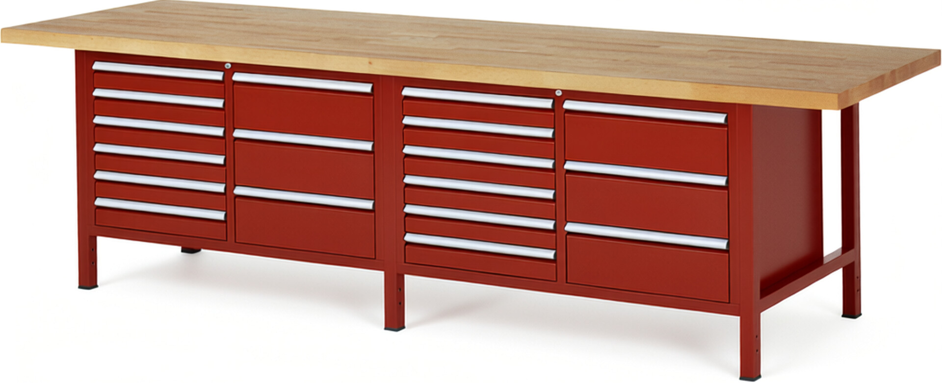 Werkbank Modell 8479 rot, BxTxH 3000x900x840-1040 mm,  Buche-Massiv Arbeitsplatte 40 mm,  18 Schubladen mit  Auszug 90 %