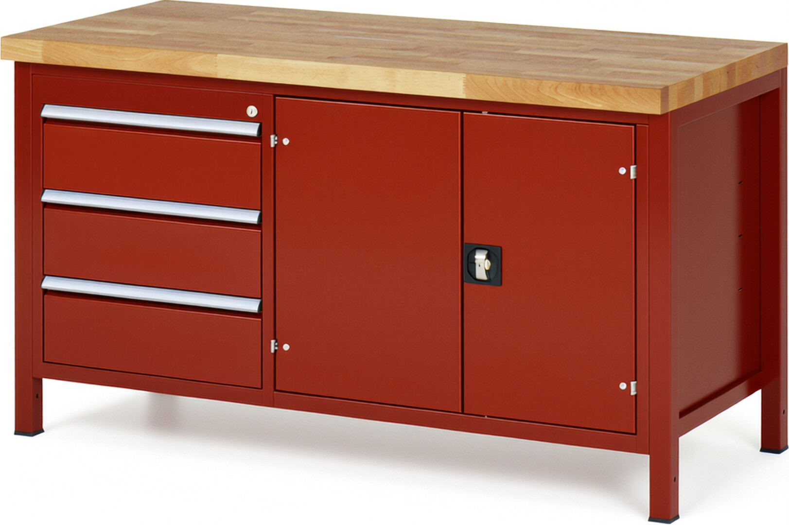 Werkbank Modell 8904 rot, BxTxH 1500x700x840 mm,  Buche-Massiv Arbeitsplatte 40 mm,  3 Schubladen mit  Vollauszug 100 % und  SoftClosing