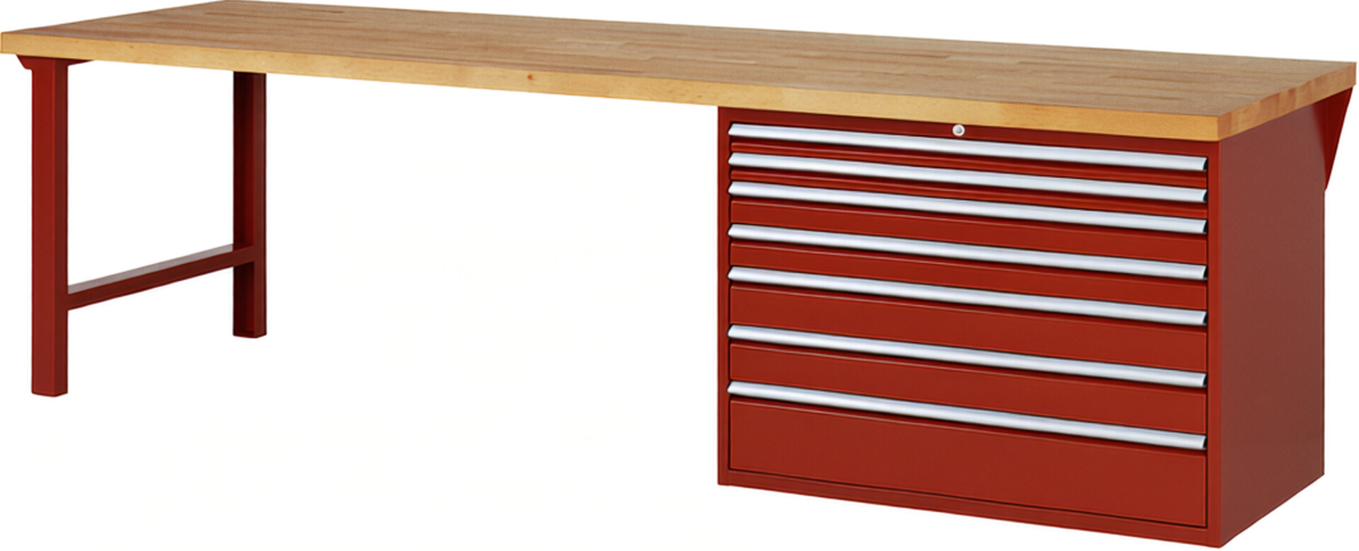 Werkbank Modell 7717 rot, BxTxH 3000x900x890 mm,  Buche-Massiv Arbeitsplatte 40 mm,  7 Schubladen mit  Vollauszug 100 % und  SoftClosing