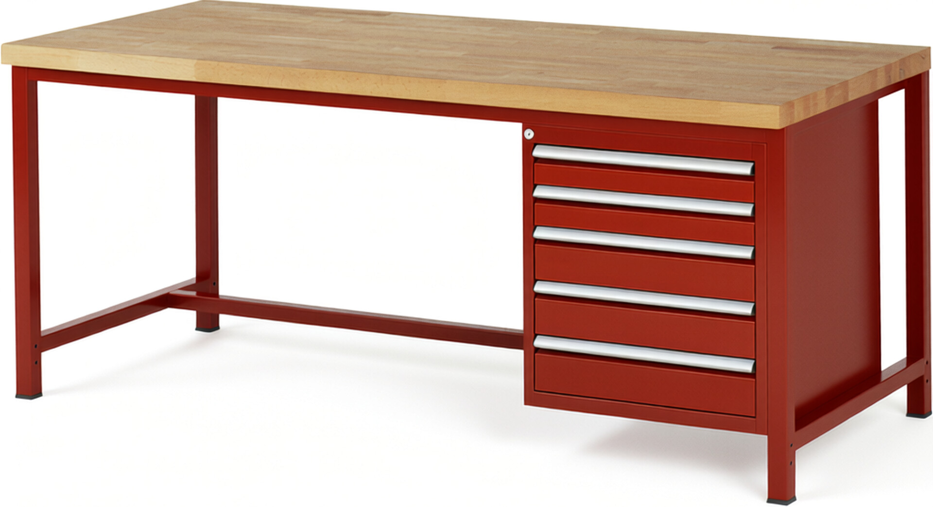 Werkbank Modell 8171 rot, BxTxH 2000x900x840-1040 mm,  Buche-Massiv Arbeitsplatte 40 mm,  5 Schubladen mit  Auszug 90 %