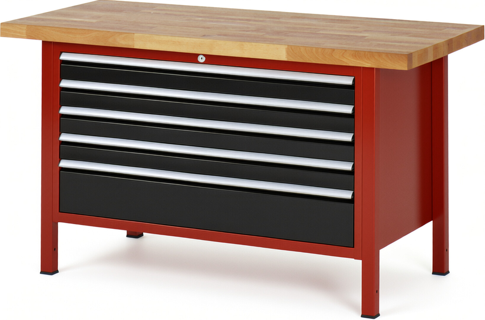Werkbank Modell 8368 rot - schwarz, BxTxH 1500x700x840-1040 mm,  Buche-Massiv Arbeitsplatte 40 mm,  5 Schubladen mit  Auszug 90 %