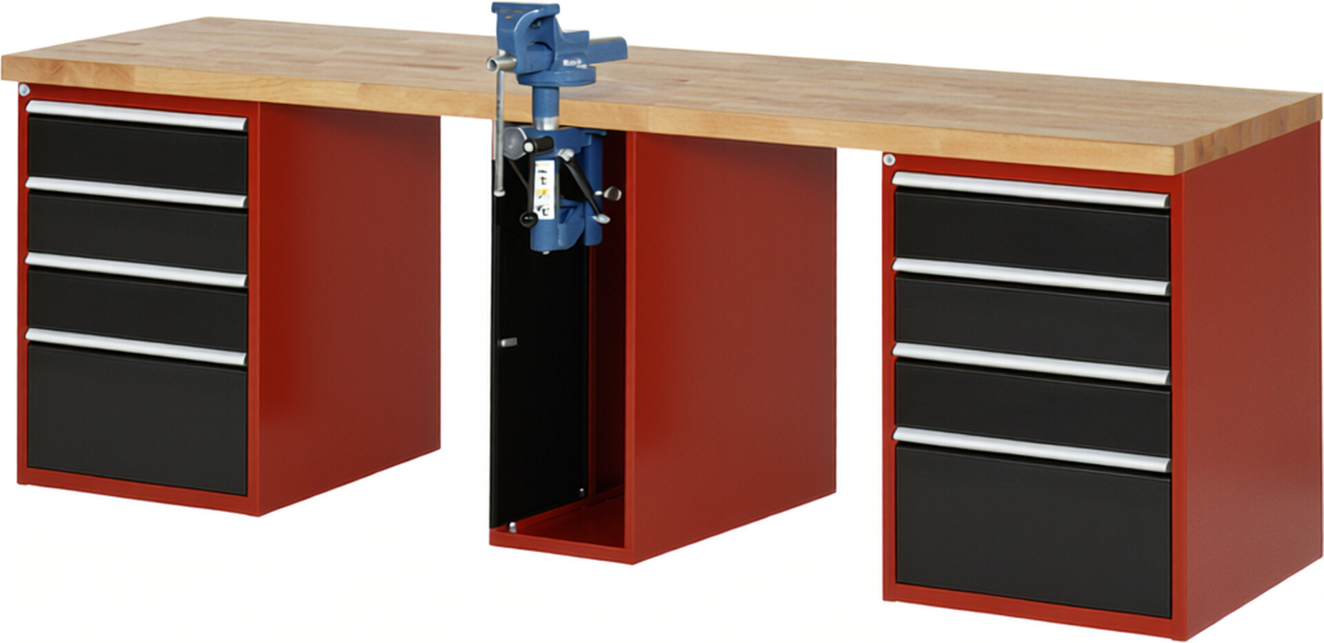 Werkbank Modell 7510 rot - schwarz, BxTxH 2500x700x890 mm,  Buche-Massiv Arbeitsplatte 40 mm,  8 Schubladen mit  Auszug 90 %