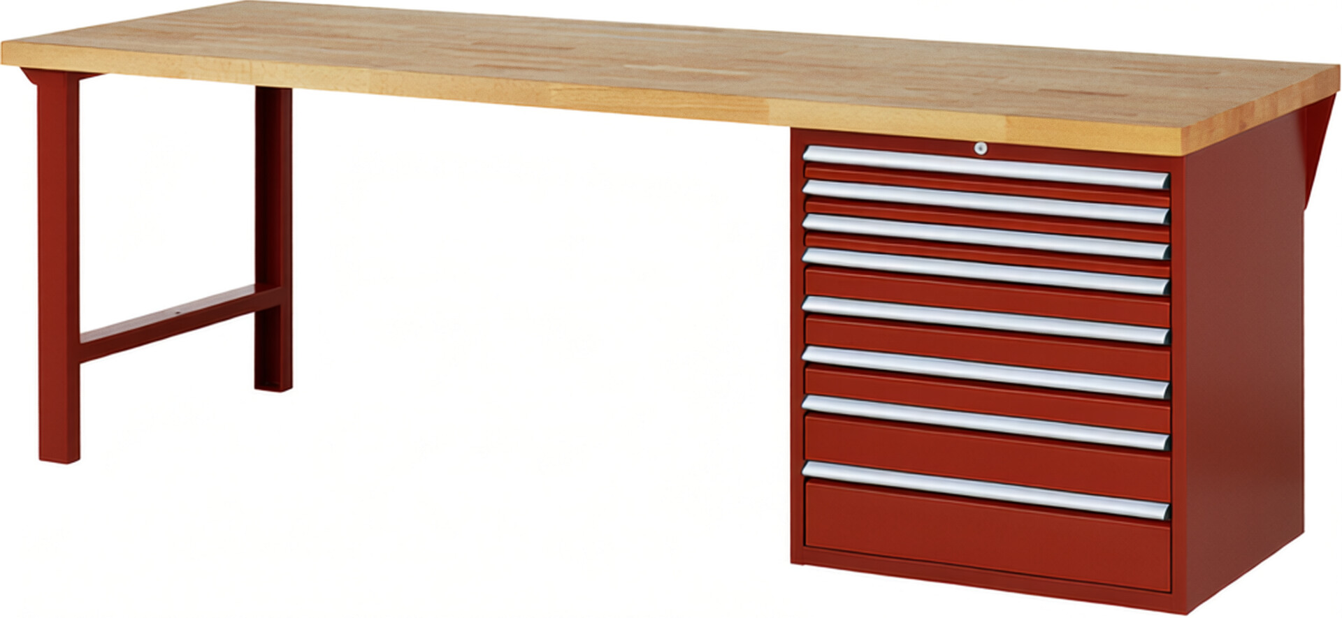 Werkbank Modell 7619 rot, BxTxH 2500x900x890 mm,  Buche-Massiv Arbeitsplatte 40 mm,  8 Schubladen mit  Vollauszug 100 % und  SoftClosing