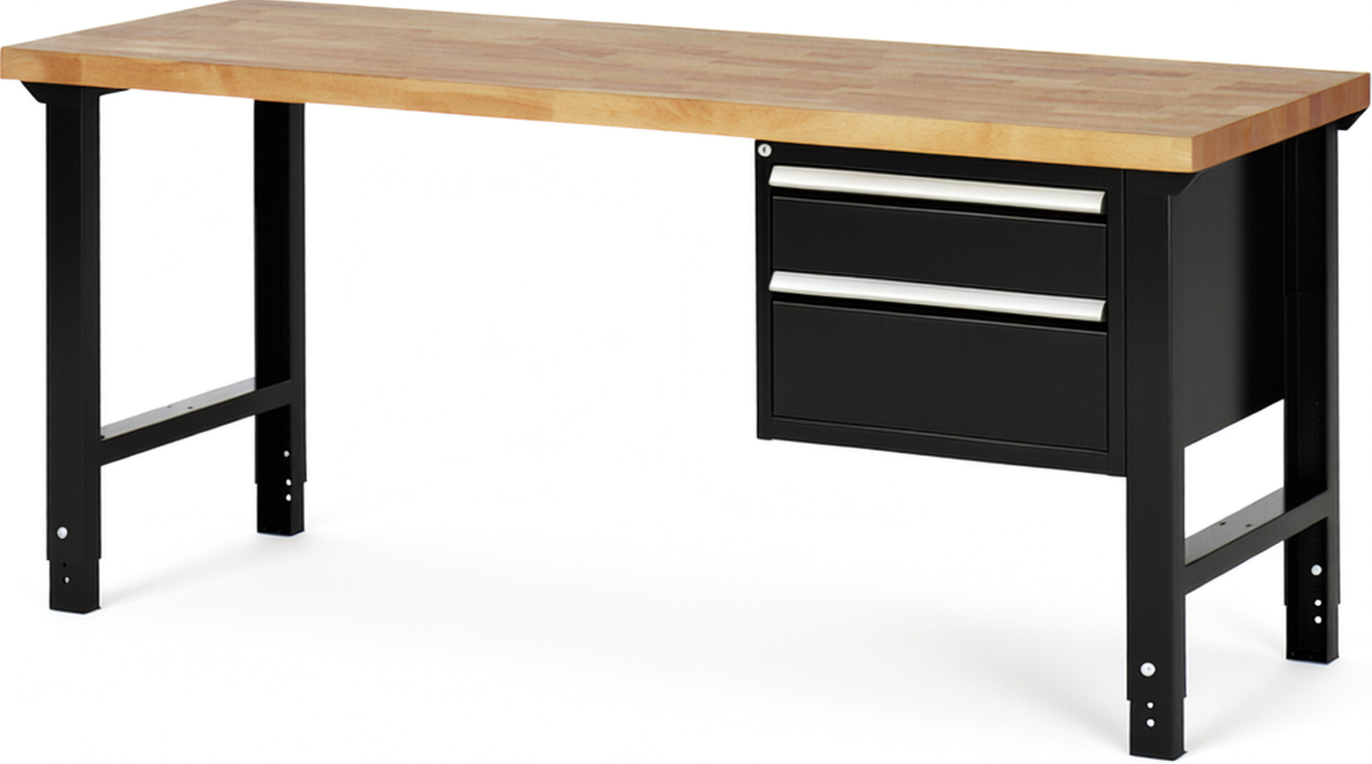 Werkbank Modell 7123 schwarz, BxTxH 2000x700x790-1140 mm,  Buche-Massiv Arbeitsplatte 40 mm,  2 Schubladen mit  Auszug 90 %
