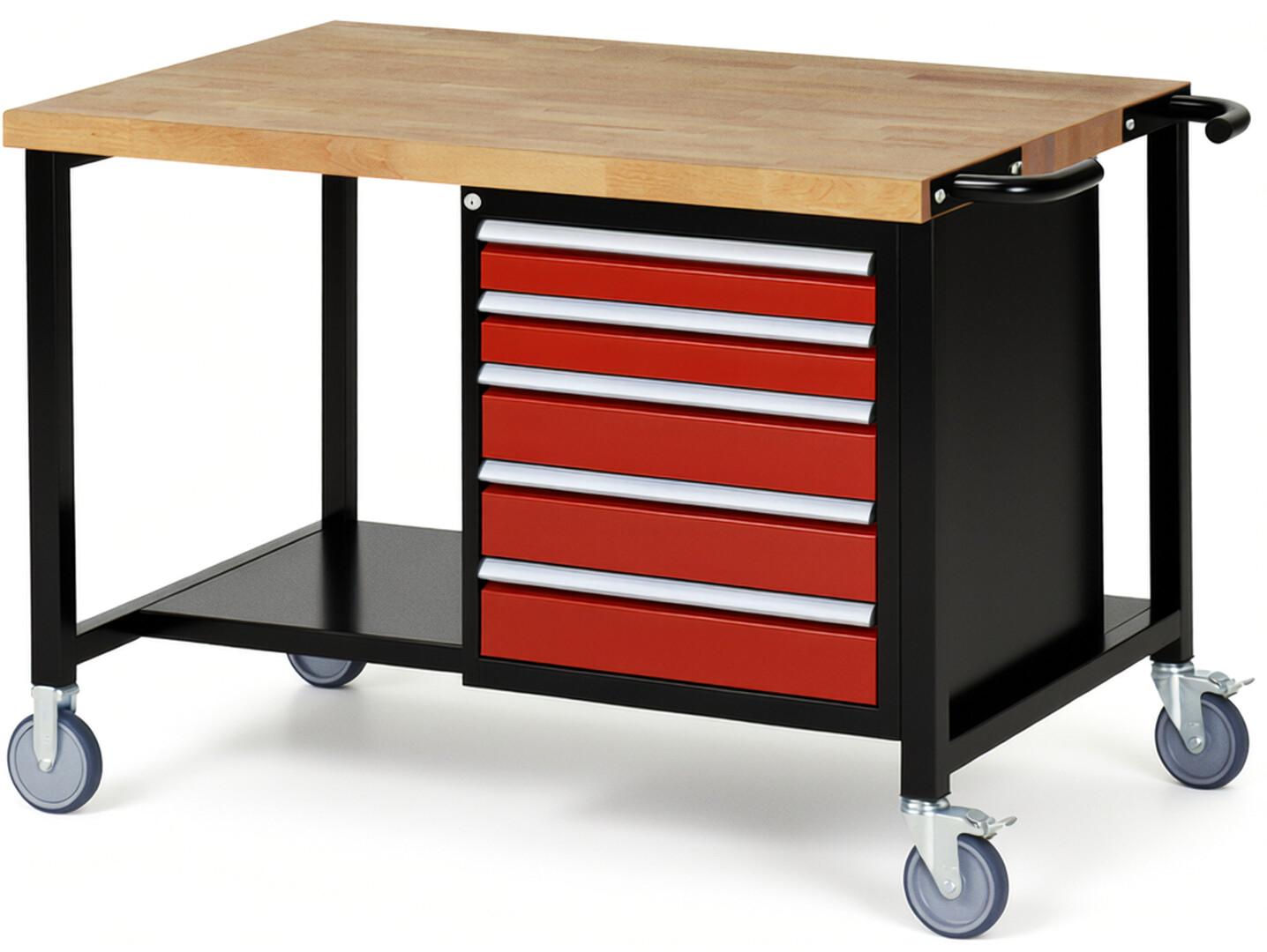 RAU Werkbank schwarz - rot - Breite 125 cm - Tiefe 90 cm - Höhe 108 cm - Buche-Massiv Arbeitsplatte 40 mm