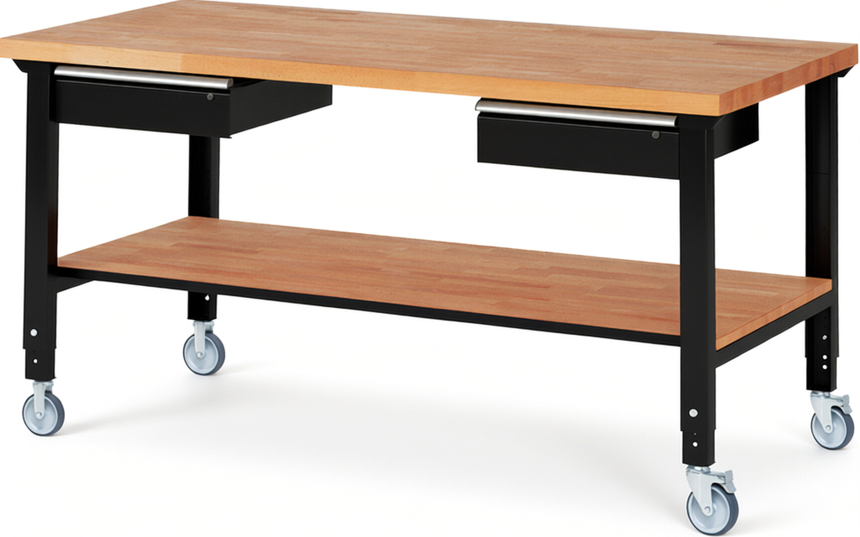 Fahrbare Werkbank Modell 7002 schwarz, BxTxH 2000x900x950-1000 mm,  Buche-Massiv Arbeitsplatte 40 mm,  2 Schubladen mit  Auszug 90 %
