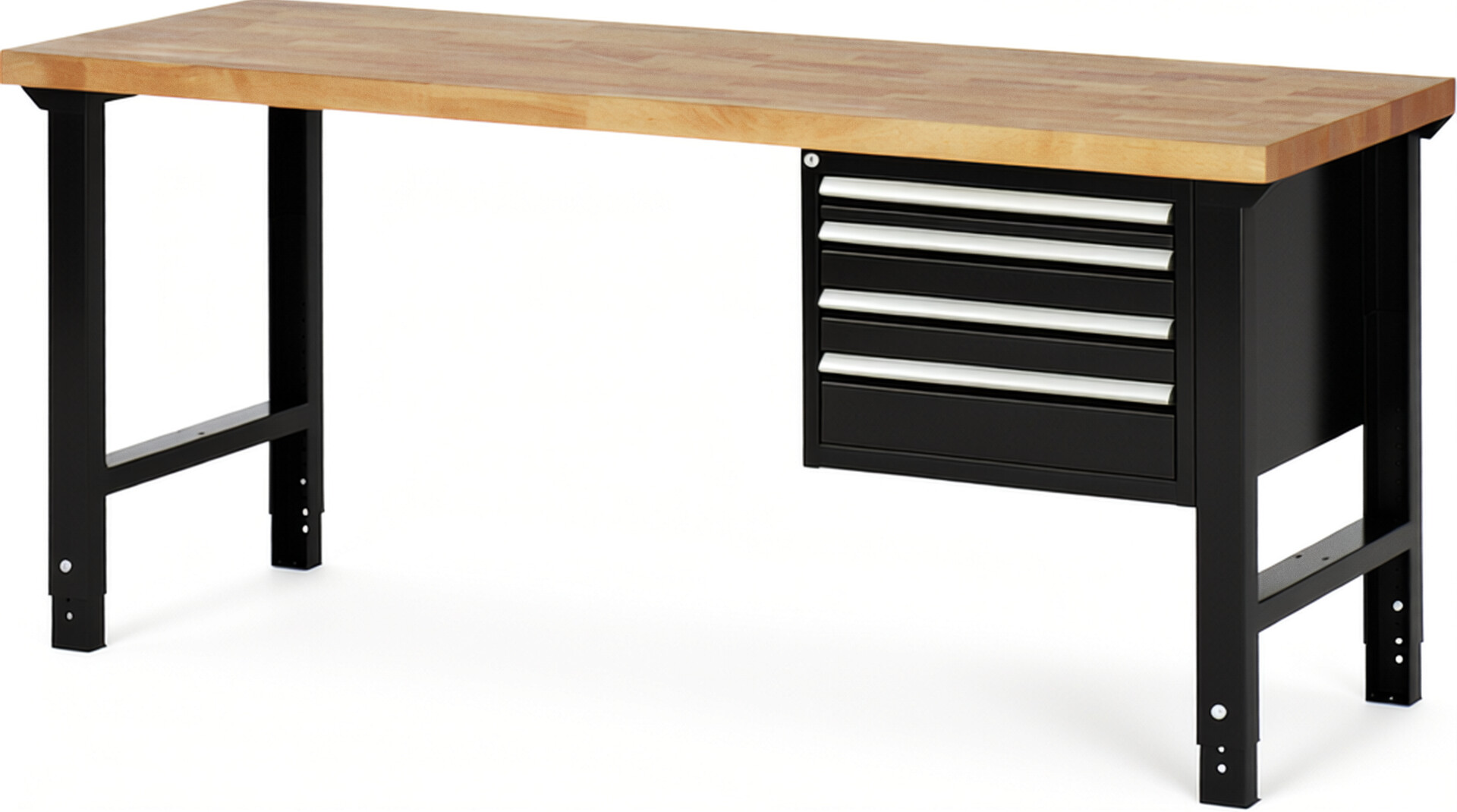 Werkbank Modell 7132 schwarz, BxTxH 2000x700x790-1140 mm,  Buche-Massiv Arbeitsplatte 40 mm,  4 Schubladen mit  Auszug 90 %