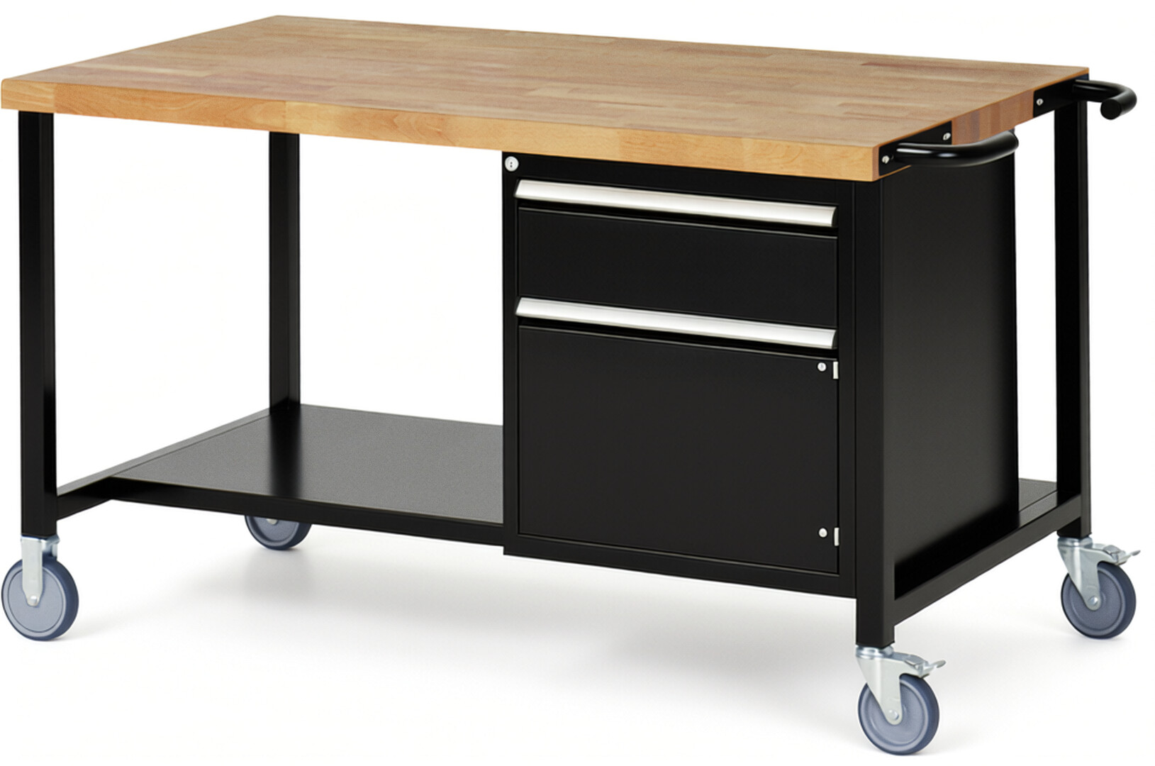Fahrbare Werkbank Modell 8152 schwarz, BxTxH 1500x900x880 mm,  Buche-Massiv Arbeitsplatte 40 mm,  1 Schublade mit  Vollauszug 100 % und  SoftClosing