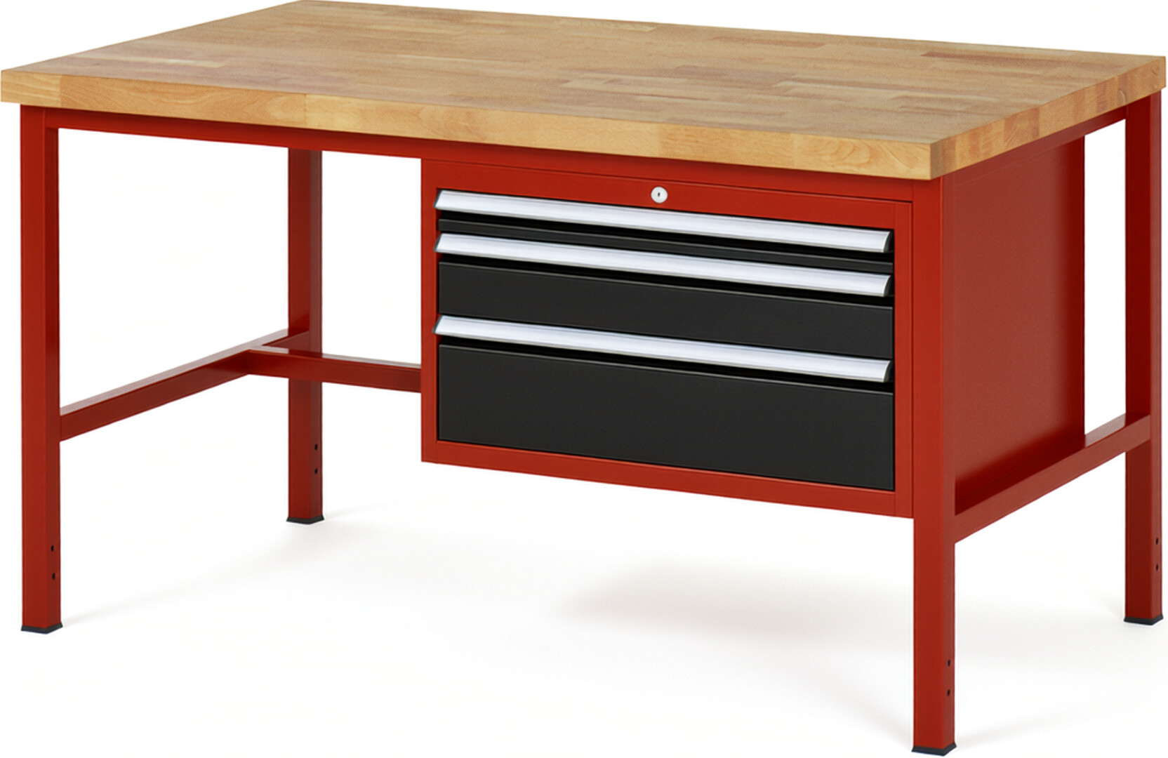 Werkbank Modell 8226 rot - schwarz, BxTxH 1500x900x840 mm,  Buche-Massiv Arbeitsplatte 40 mm,  3 Schubladen mit  Vollauszug 100 % und  SoftClosing