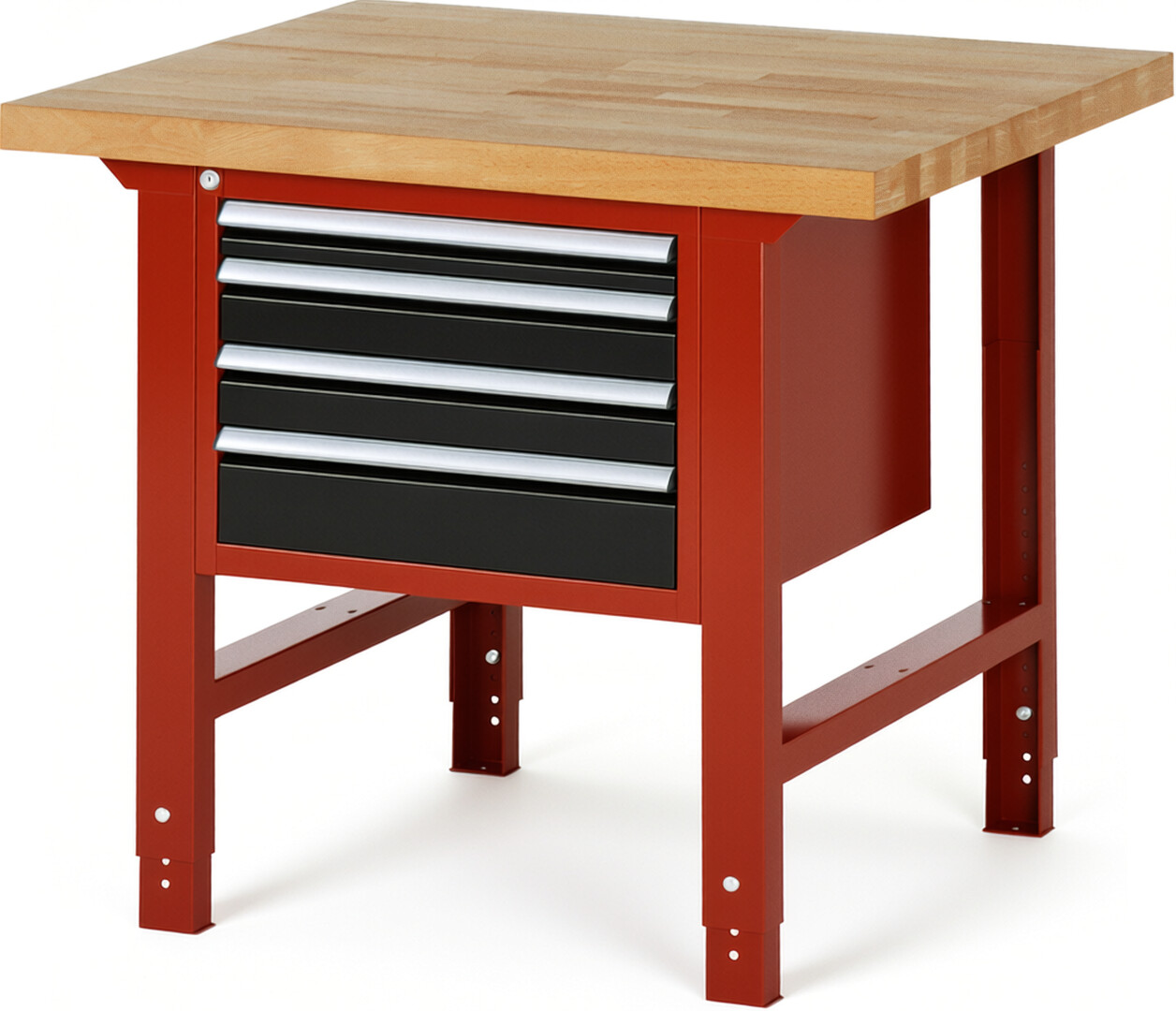 Werkbank Modell 7132 rot - schwarz, BxTxH 1000x900x790-1140 mm,  Buche-Massiv Arbeitsplatte 40 mm,  4 Schubladen mit  Vollauszug 100 % und  SoftClosing