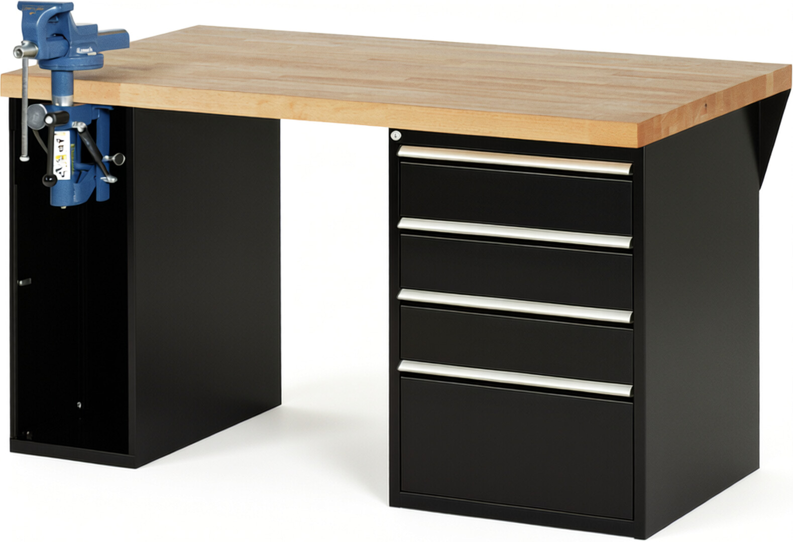 Werkbank Modell 7510 schwarz, BxTxH 1500x900x890 mm,  Buche-Massiv Arbeitsplatte 40 mm,  4 Schubladen mit  Vollauszug 100 % und  SoftClosing