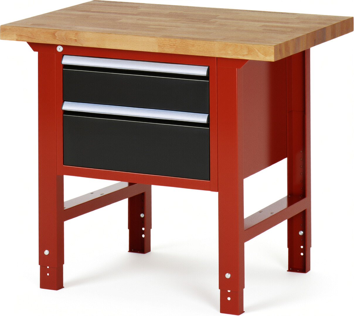 Werkbank Modell 7123 rot - schwarz, BxTxH 1000x700x790-1140 mm,  Buche-Massiv Arbeitsplatte 40 mm,  2 Schubladen mit  Auszug 90 %