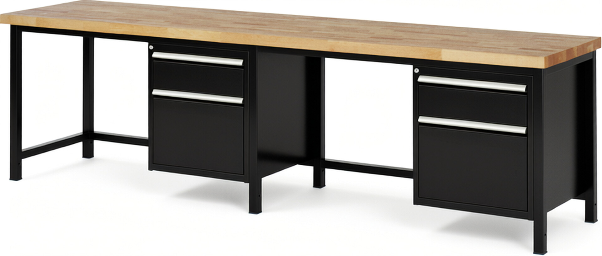Werkbank Modell 8156 schwarz, BxTxH 3000x700x840 mm,  Buche-Massiv Arbeitsplatte 40 mm,  4 Schubladen mit  Vollauszug 100 % und  SoftClosing