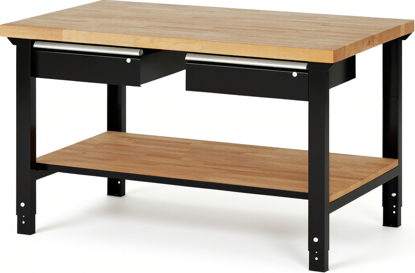 Werkbank Modell 7002 schwarz, BxTxH 1500x900x790-1140 mm,  Buche-Massiv Arbeitsplatte 40 mm,  2 Schubladen mit  Auszug 90 %