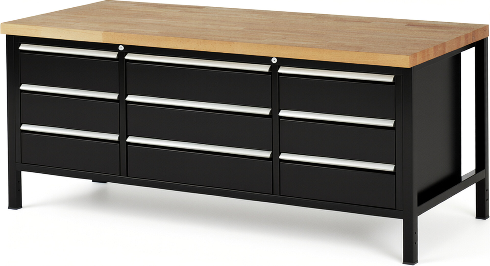 Werkbank Modell 8754 schwarz, BxTxH 2000x900x840 mm,  Buche-Massiv Arbeitsplatte 40 mm,  9 Schubladen mit  Auszug 90 %