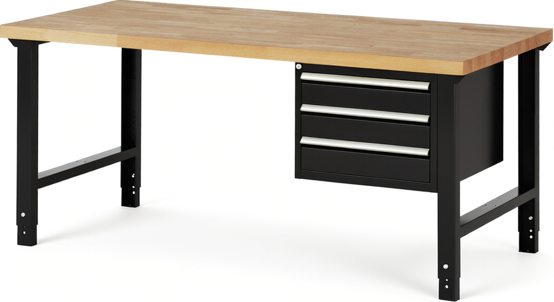 Werkbank Modell 7127 schwarz, BxTxH 2000x900x790-1140 mm,  Buche-Massiv Arbeitsplatte 40 mm,  3 Schubladen mit  Auszug 90 %
