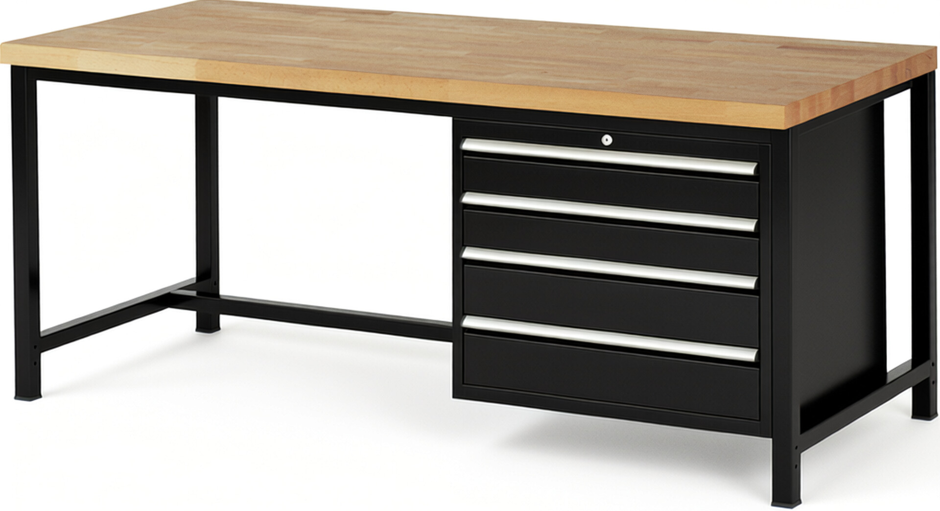 Werkbank Modell 8262 schwarz, BxTxH 2000x900x840 mm,  Buche-Massiv Arbeitsplatte 40 mm,  4 Schubladen mit  Auszug 90 %