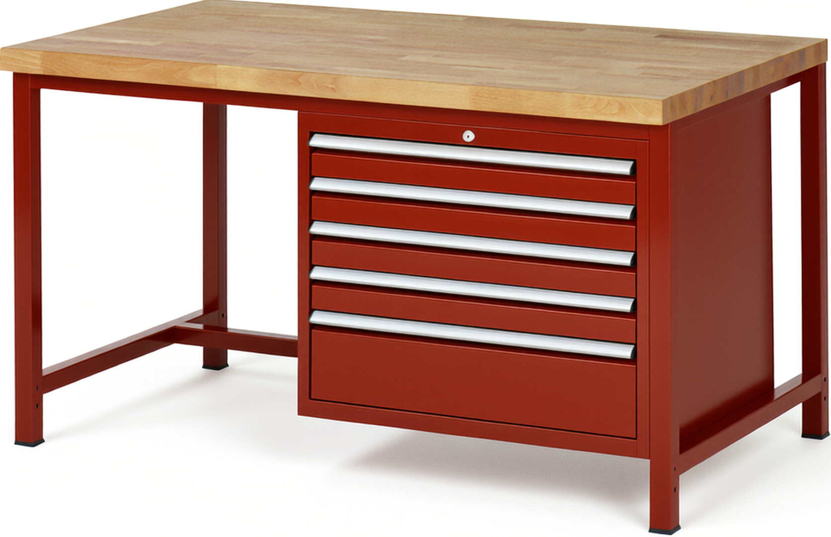 Werkbank Modell 8268 rot, BxTxH 1500x900x840 mm,  Buche-Massiv Arbeitsplatte 40 mm,  5 Schubladen mit  Vollauszug 100 % und  SoftClosing