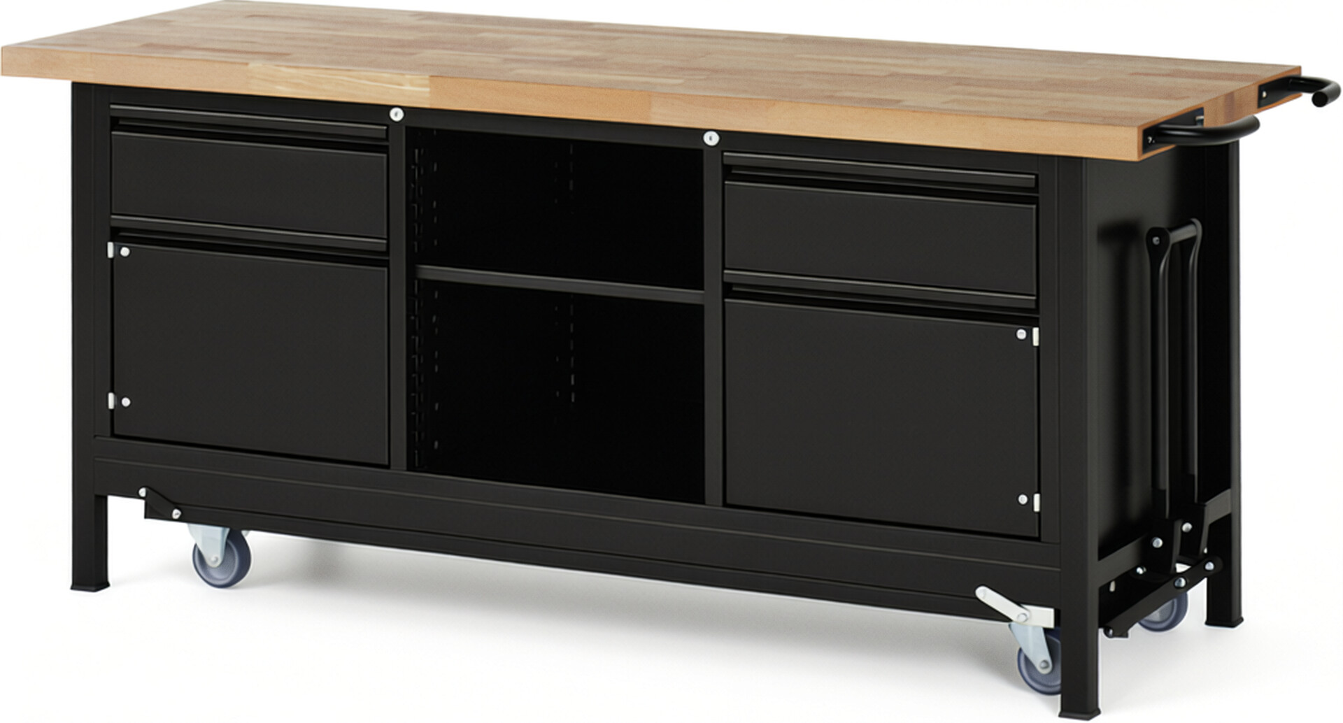 Absenkbare Werkbank - Modell 8561 BASIC schwarz, BxTxH 2000x700x880 mm,  Buche-Massiv Arbeitsplatte 40 mm,  2 Schubladen mit  Auszug 90 %